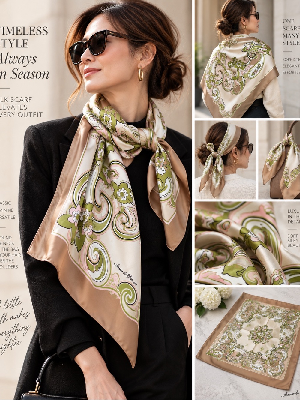 Silk Scarf 33” Paisley Floral Print Olive Pink Tan Square Vintage Style